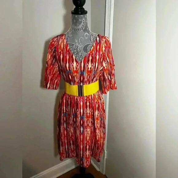 NWT Caribbean Joe Multicolor Rayon Dress Cold Shoulder. V Neck. Sz: M. - Picture 1 of 11